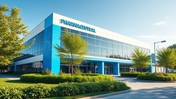 Pharmaceutical company exterior, blue accents, lush greenery.