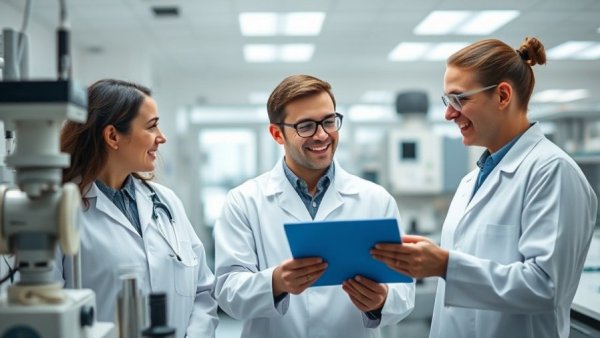 Researchers collaborating in lab for chronic back pain solutions.