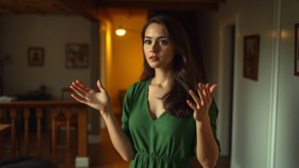 Woman discussing duplex renovation in a warmly lit interior.
