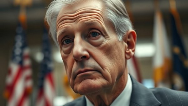 Thoughtful older man in office setting with flags, contemplating.