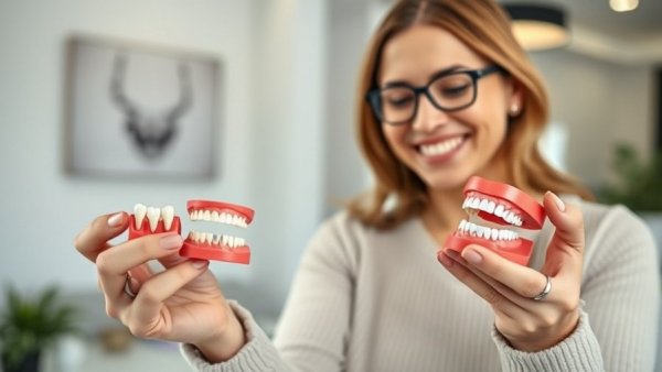 Woman comparing dental implants vs. dentures models, modern setting.