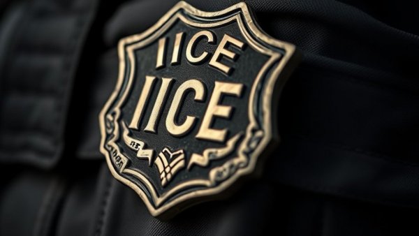 Close-up of ICE officer badge emphasizing focus and detail.