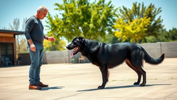 Man training dog with heel command outdoors on sunny day.