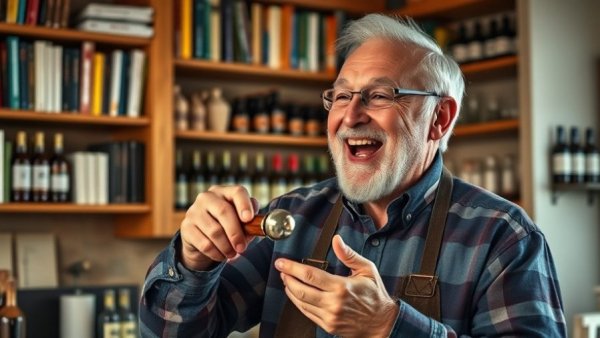 Enthusiastic man demonstrates with garlic press, discussing cat medication techniques.
