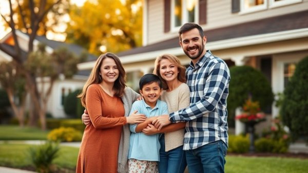 Family posing happily before their home, suggesting Housing Affordability Analysis.