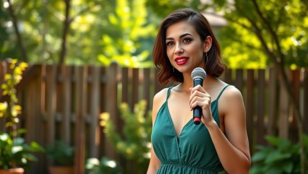 Woman discussing house flipping lessons in a backyard setting.