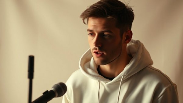 Man in white hoodie with microphone, studio setting, roof repair discussion.