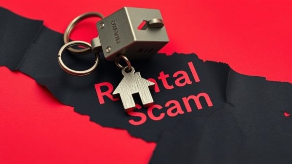 Keys on torn paper with 'Rental Scam' text.