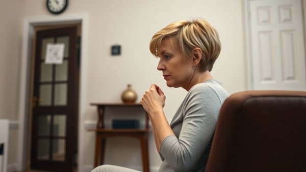 Woman showing incorrect posture, promoting the 10-second posture fix, in a home setting.