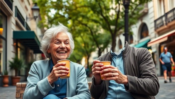 Cheerful couple enjoying coffee, retire comfortably without a million dollars.