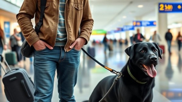 Stress-free dog travel with relaxed dog and owner at airport.