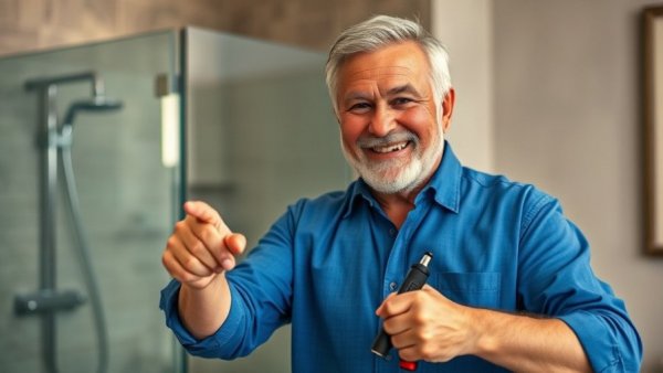 Home improvement expert demonstrating bathroom renovation tips.