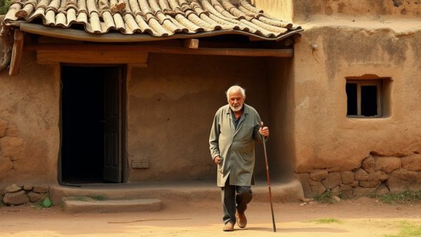 Father and child walking with cane in rural area, relating to onchocerciasis prevention and treatment.