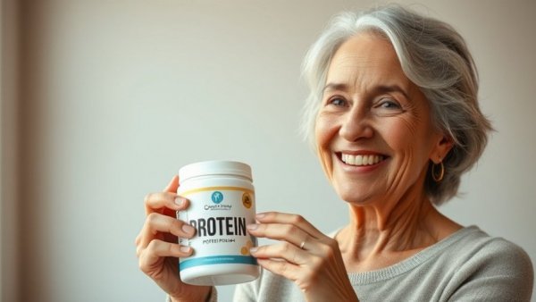 Cheerful woman holding protein powder indoors.