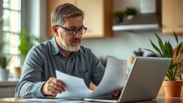 Middle-aged man starting to save at 55, reviewing documents at home.