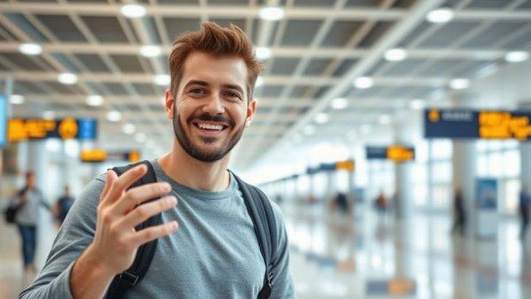 Casual traveler smiling at airport in bright lighting.