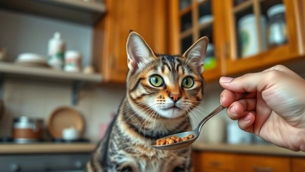 Curious tabby cat observing meal preparation for pet care insights for veterinarians.