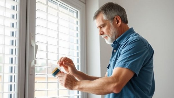 Middle-aged man applying insulation tape to drafty window with blinds.