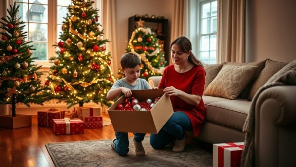 Family decorating a Christmas tree to prevent eye injuries this holiday season.