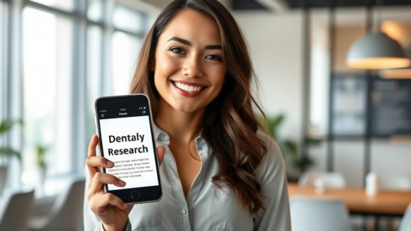 Young woman highlights phone text on dental research.