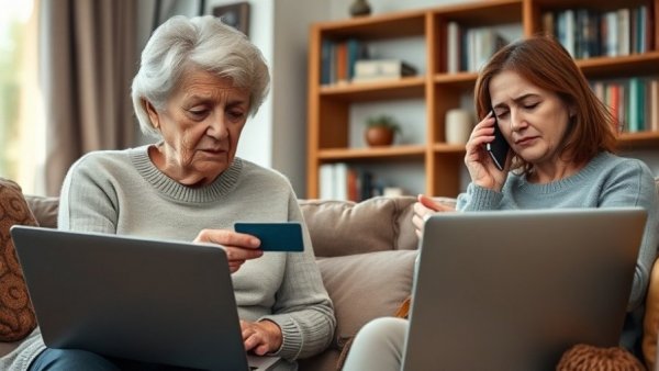 Elderly woman distressed about fraud, companion assisting, living room.