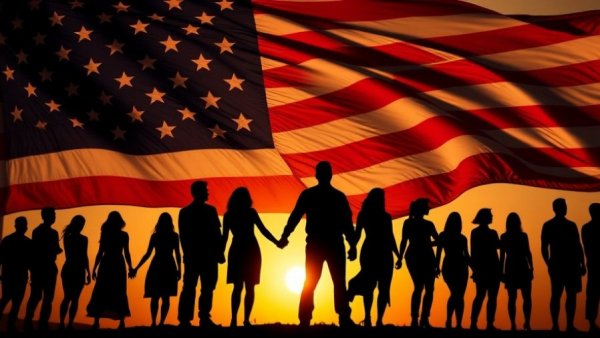 Silhouetted group holding hands with American flag backdrop for AMAC members Giving Tuesday.