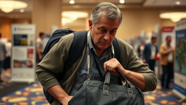 Person lifting heavy bag at a conference highlighting roofing health risks.