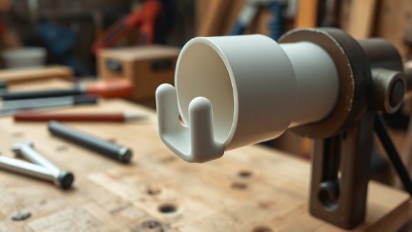 Close-up of DIY wall tool holder made from PVC pipe in a workshop.