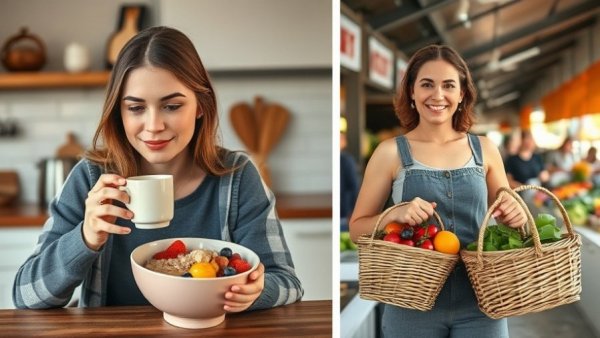 Collage of hormone balancing meals and lifestyle choices in natural settings.