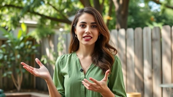 Woman explaining house flipping strategies 2025 in a backyard.