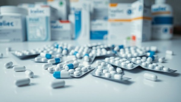 Blister packs and tablets on glossy surface, pharmaceutical theme.