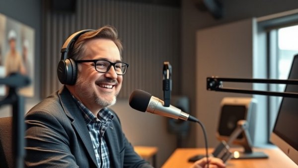 Podcast speaker discusses metal roofs installation in a modern studio.