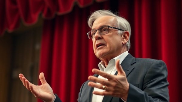 Elderly man speaking passionately on stage with red curtains.