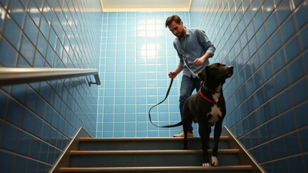 Dog trainer teaching dog to walk down stairs safely, inside stairwell.
