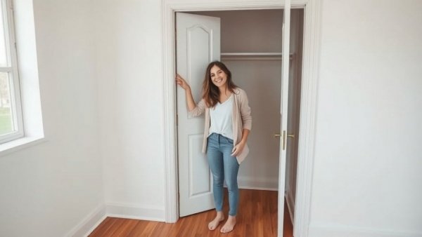 Woman opening closet in minimalist room, successful house flip.