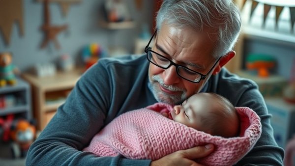 Elderly man providing tender support with childcare, gently holding sleeping baby.