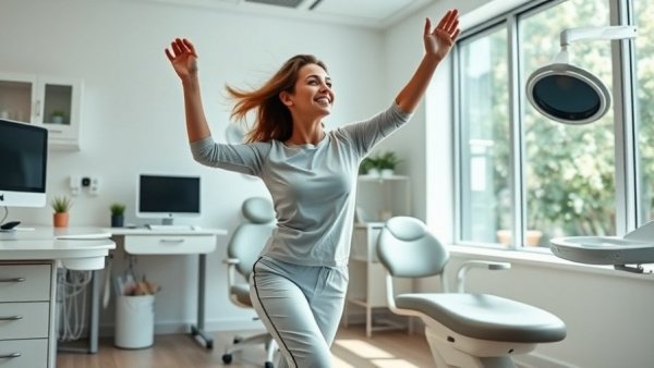 Dental hygienist caught dancing, pretends to stretch, in a bright office.