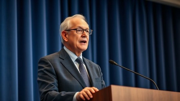Elderly man discussing national security strategy for seniors at podium.