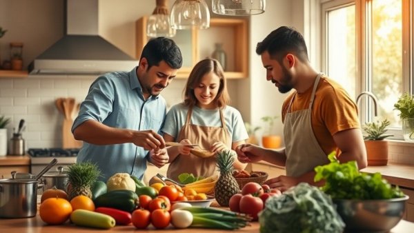 Happy family in a modern kitchen cooking together, showcasing living luxuriously on a fixed income.