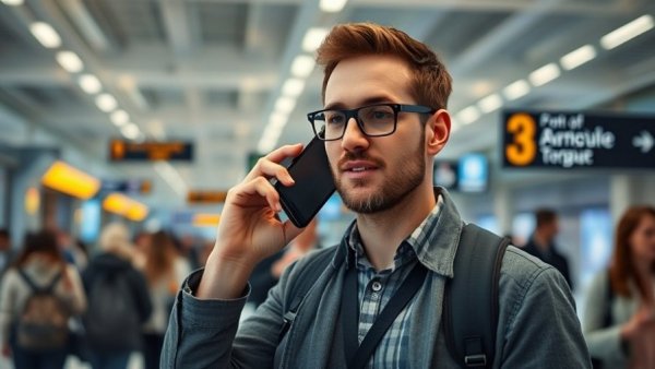 Casual man gesturing in a busy airport using a phone.