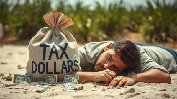 Man lying on sand near 'TAX DOLLARS' money bag, illustrating tax implications.