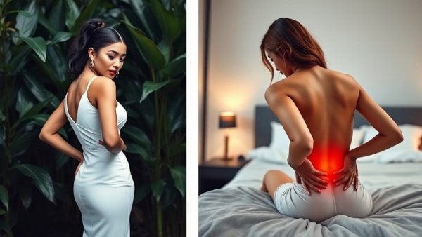 Stylish woman in white dress, back pain relief concept.