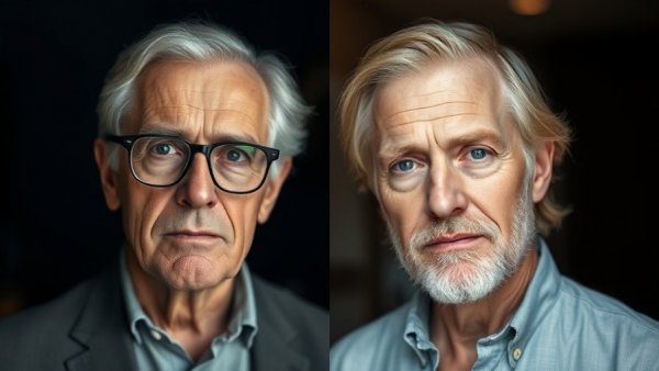 Two men in contrasting settings, neutral expressions. Nvidia H200 AI chips to China.