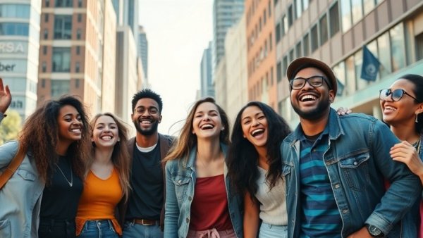 Joyful group in the city playing 'Guess That Celebrity Smile', bright day.