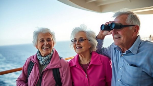 Elderly couple enjoying cruise embarkation on ship deck.