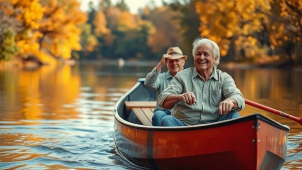 Older couple enjoying a budget-friendly canoe trip in autumn.
