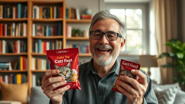 Man presenting packaged cat food in cozy living room, moisture-rich diets for cats.