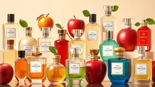 Collection of best apple perfumes in diverse bottles on light background.