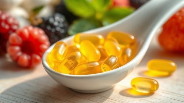 Multivitamins on a spoon with berries illustrating long-term benefits.
