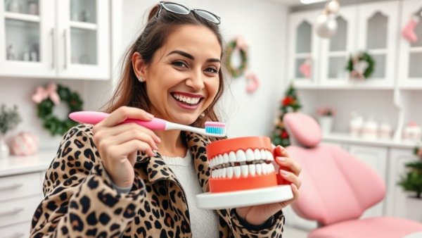Cheerful woman demonstrates the importance of dental hygiene in a festive office.